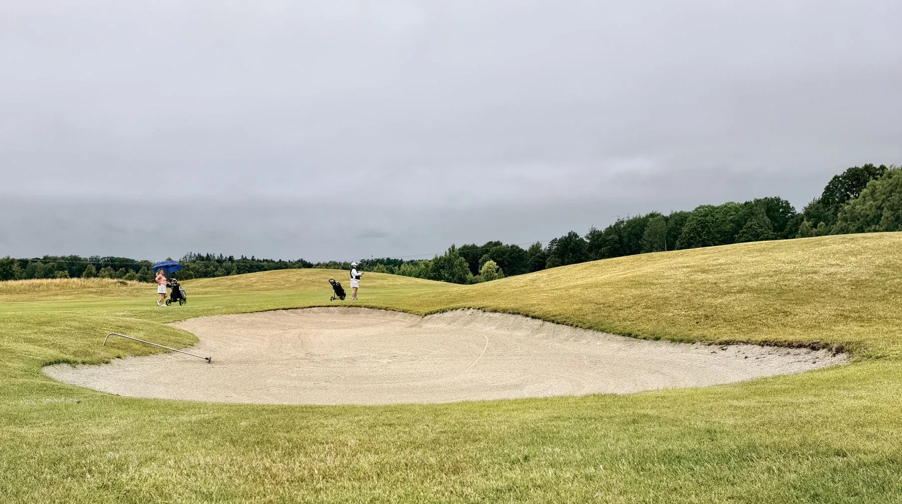 A fairway and greenside bunker beneath a soft sky