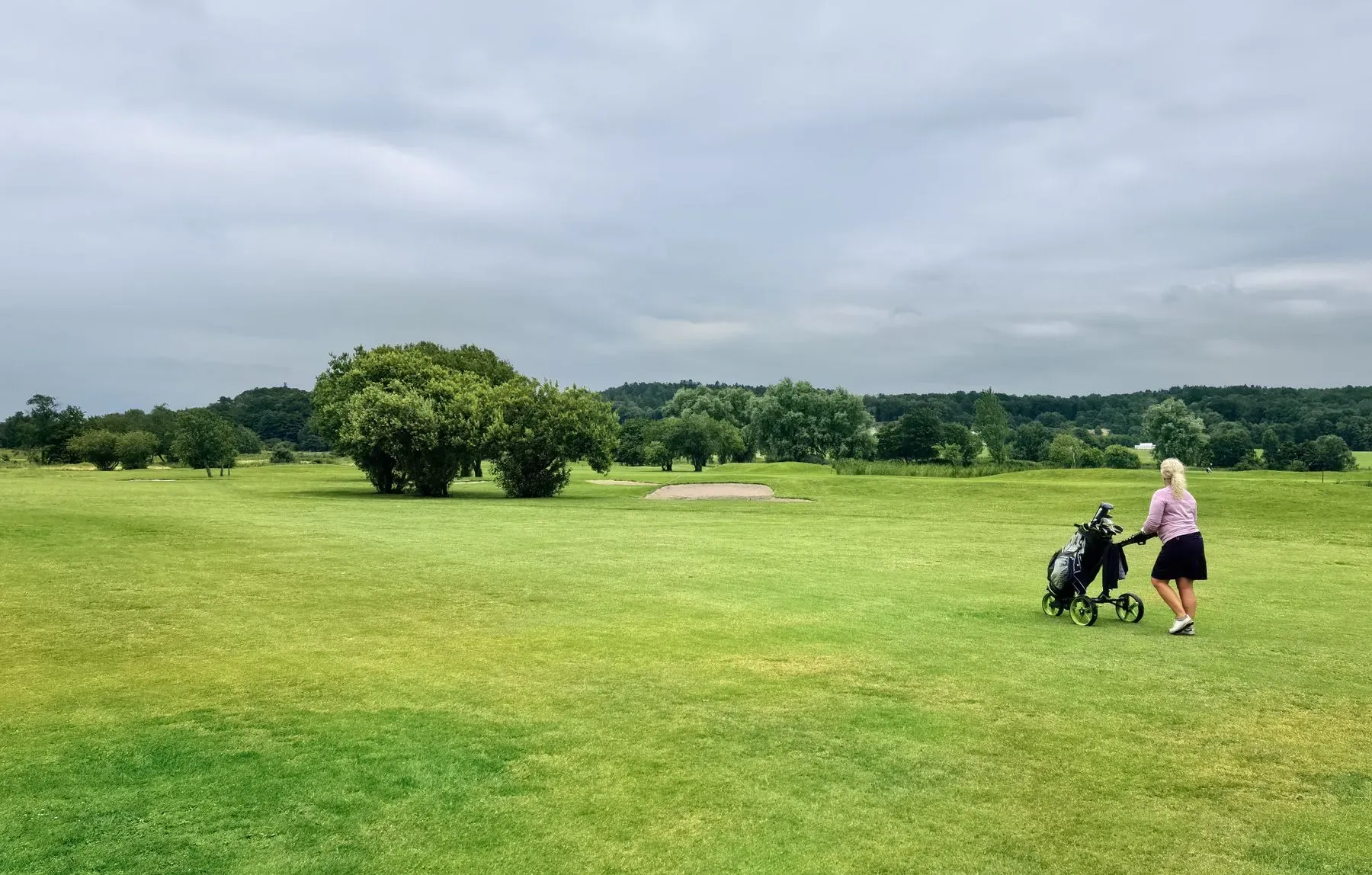 Golfers moving between shots with their trolleys