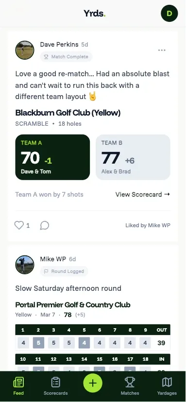 Yardages activity screen showing round results and scorecard summaries using fictional presentation data