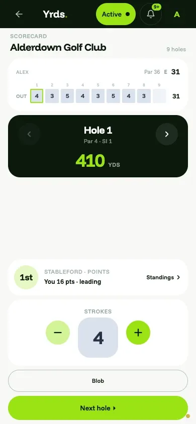 Yardages Stableford scoring screen using fictional presentation data
