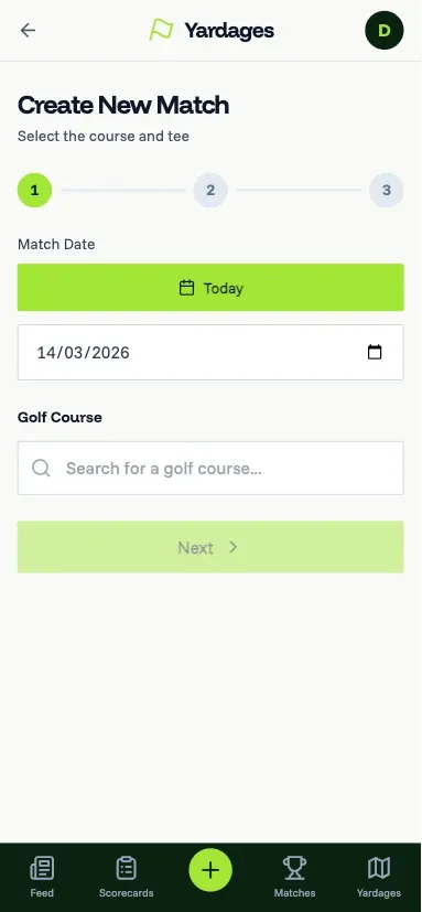 Yardages round setup screen showing match date and course selection