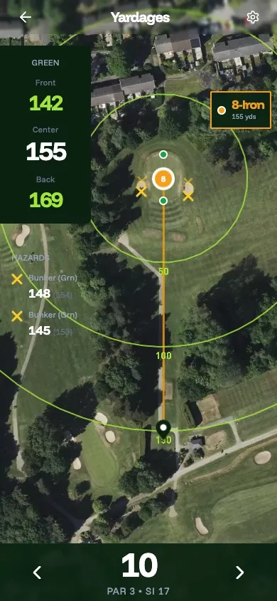 Yardages mobile screen showing on-course scoring and strategy tools