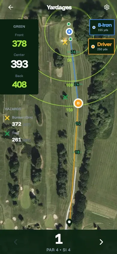 Yardages hole-planning screen showing green distances, hazards and shot targets
